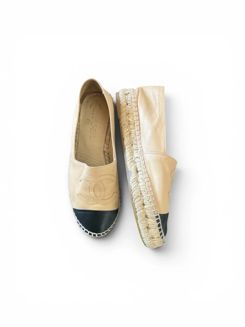 CHANEL Beige and Black Espadrille Flats with CC Logo